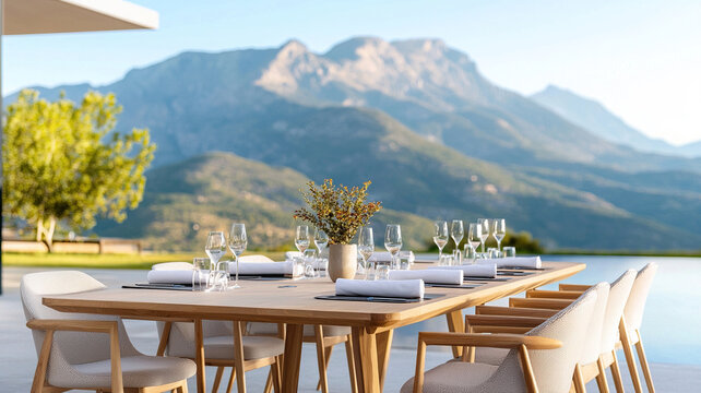 Luxury corporate retreat meeting setup features large wooden table with elegant tableware, surrounded by scenic mountains and greenery