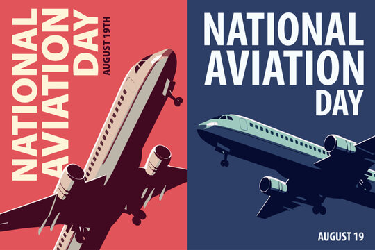 Fototapeta National Aviation Day poster pack. Vector illustration collection with airplane, aircraft for postcard, invitation, celebration, brochure in retro, vintage style