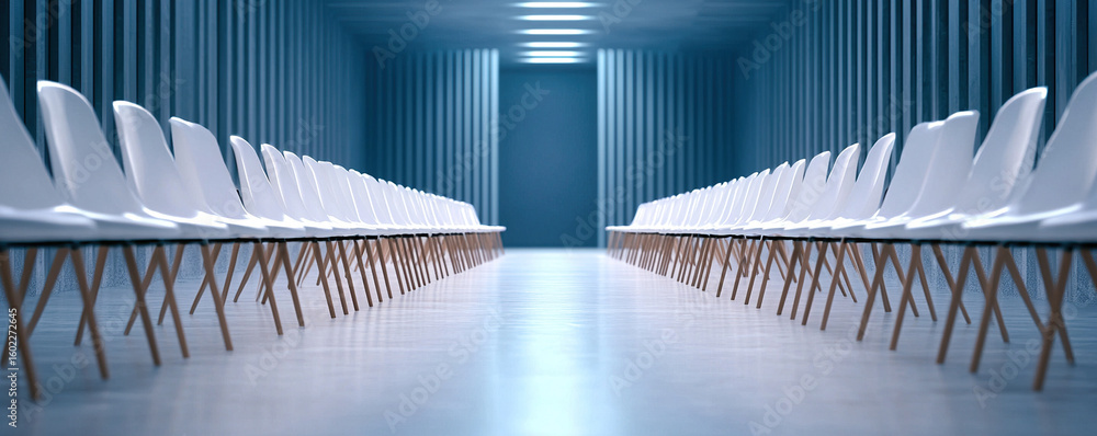 Poster minimalist networking space features rows of white chairs with wooden legs, creating calm and inviti