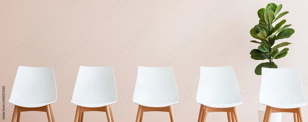 Poster minimalist networking space featuring rows of white chairs and green plant against soft pink backgro