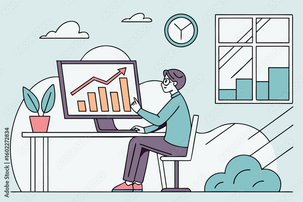 Poster person analyzing charts on a computer inside a modern office with plants and a window showing a clea