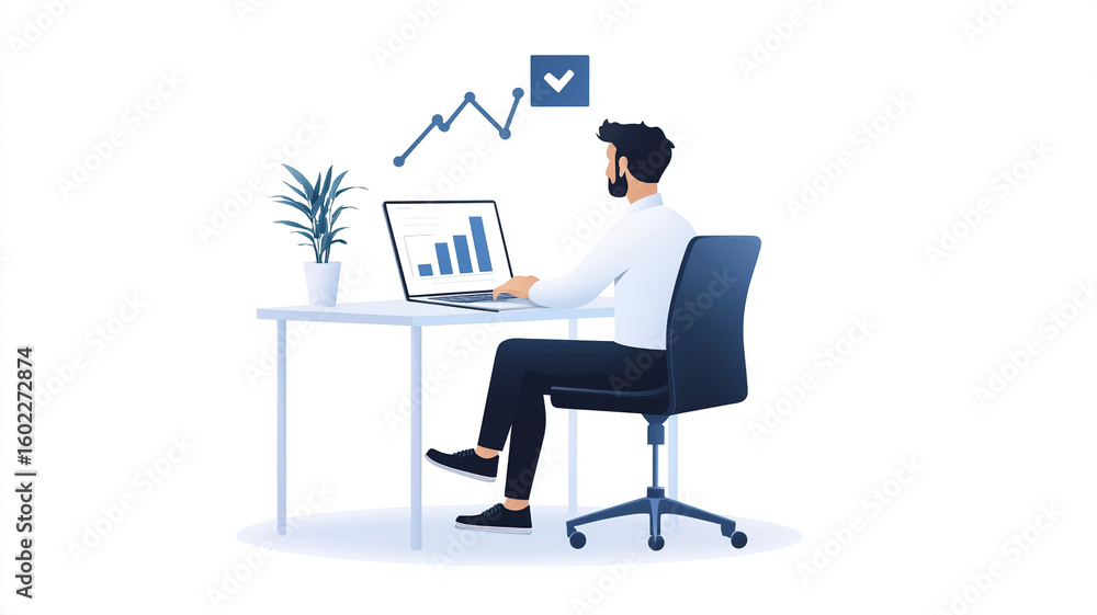 Aufkleber minimalistic online team meeting setup featuring man working on laptop, analyzing data with graphs a