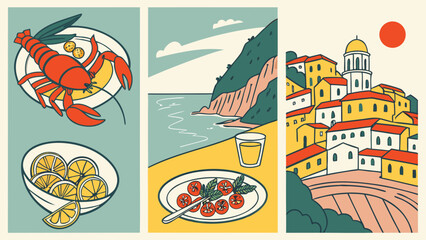 Three panels depicting food and landscapes of italy with lobster lemons and a coastal town view