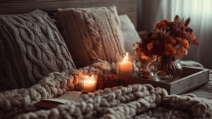 Cozy Autumn Bedroom Decor Knit Blanket Dried Flowers Candle Lights 