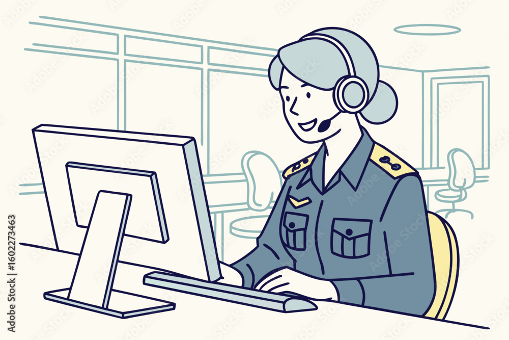 Poster person in uniform working at a computer with headset in an office setting during daylight hours