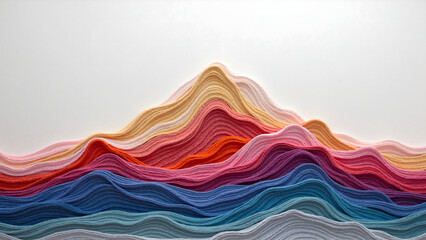 Vibrant, wavy lines of colorful yarn create abstract mountain-like forms against a clean background.
