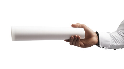 Hand Holding Rolled White Paper Isolated on Transparent PNG Background