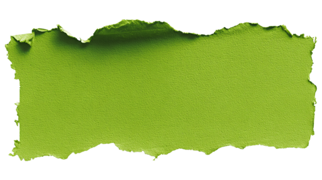 Torn green paper piece with rough edges isolated on transparent background