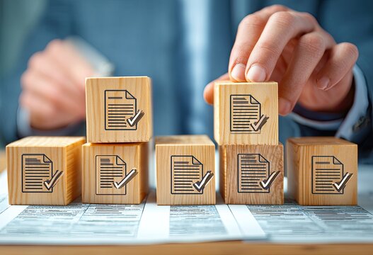 Hands arranging wooden blocks with document icons on top of paperwork