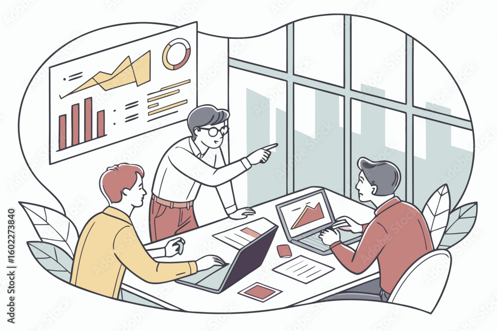Poster group of professionals discussing business strategies in a modern office environment with charts and