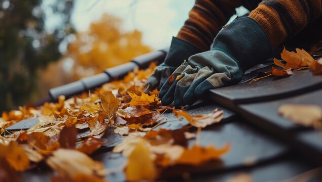 Close-up of gloved hands removing autumn leaves from a roof.