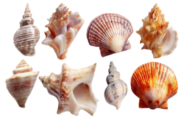 Assorted coastal seashell collection isolated on crisp transparent background — high‑resolution PNG cutout ideal for beach vacation graphics, nautical décor designs, tropical travel marketing