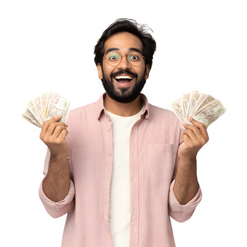 Happy Indian man holding rupee notes in both hands and  cheerful smile and celebratory gesture and  isolated white background Batch  realistic clean bright simple modern stock image isolated on plain 