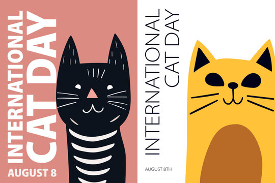 International Cat Day poster pack. Vector illustration collection with cute cats for postcard, print, cover, brochure in retro, vintage style