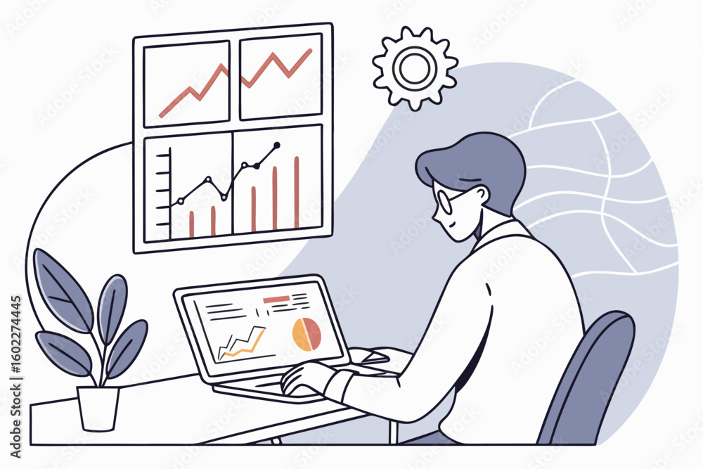 Poster business professional analyzing market data while working at a desk with a laptop and graphical disp