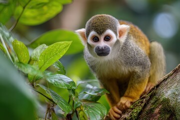Obraz premium Squirrel monkey Saimiri oerstedii perched on a tree trunk among green foliage in Corcovado National Park Costa Rica