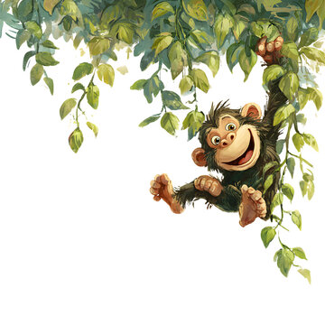 Happy monkey hanging on tree branches and  wide smile and playful energy and  detailed jungle-themed illustration and  isolated white background Batch  realistic clean bright simple modern stock image