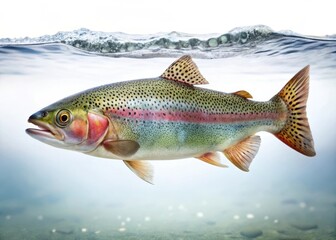Fototapeta premium A beautiful rainbow trout swimming in a shallow pool of crystal clear water on a white background