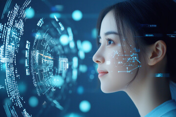 Woman gazes thoughtfully futuristic digital interface, surrounded by glowing data points and holographic elements, evoking sense of innovation