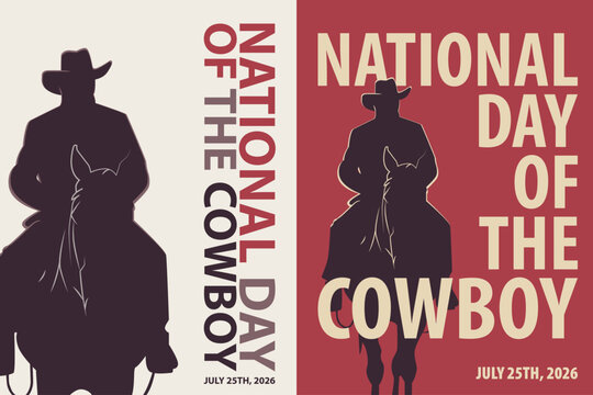 National Cowboy Day poster pack. Vector illustration collection with cowboy on a horse silhouette for postcard, event announcement, campaign, brochure in retro, vintage style