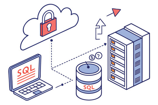 Cloud database security architecture illustrating data flow and connection from a laptop to a centralized SQL database server