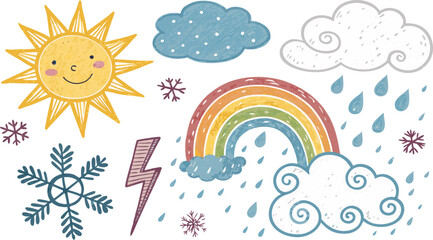 Whimsical springtime scene with happy sun, rainbow, clouds, flowers, and butterflies brings joy.