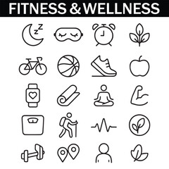 Healthy Lifestyle Vector Icon Set with Adjustable Line Weight Featuring Fitness, Nutrition, Exercise, Wellness, Sleep, Yoga, Meditation, Heart Rate, Gym, Hiking, Cycling, Sports, and Health Monitoring
