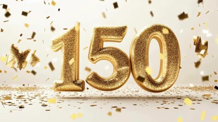 Shiny Gold 150 Celebration Number with Glittery Confetti Background