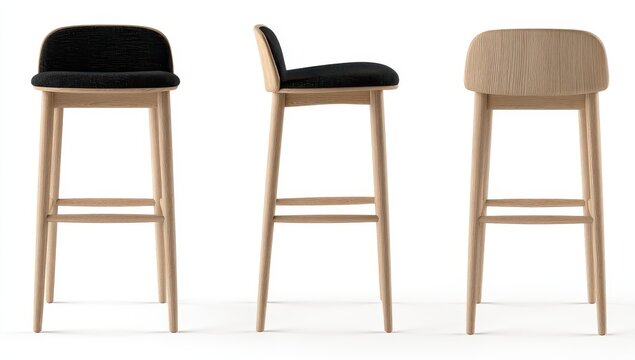 Three-view of a light-wood bar stool with dark-fabric seat
