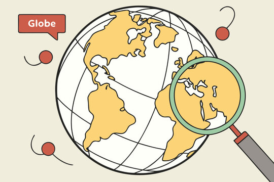 Exploring the globe with a magnifying glass highlighting continents and geographical features in a simple illustrative design