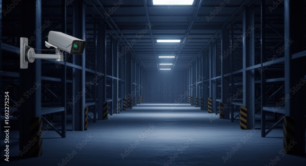 Poster monitoring of shadowy corridors and empty warehouse aisles through security footage reflecting tensi