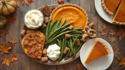 Photo of a festive thanksgiving spread features a pumpkin pie, green beans, and whipped cream