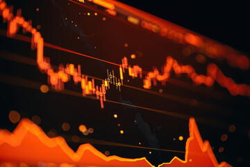 A close up view of a financial chart with orange lines and candlestick patterns on a dark background