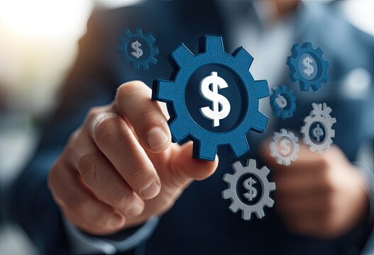 Businessman's hand interacts with 3D gears with dollar signs - Powered by Adobe