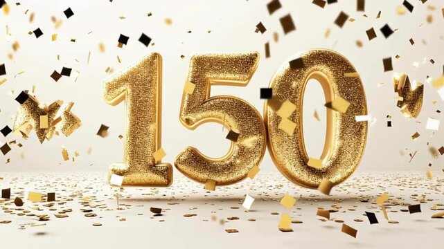 Golden Number 150 Celebrating Milestone with Sparkles and Confetti