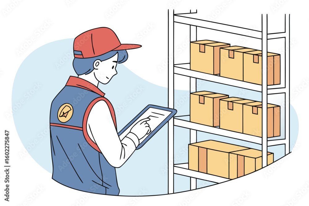Poster warehouse worker scanning items on a tablet next to shelves stacked with cardboard boxes during dayt