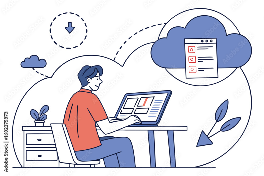 Aufkleber person working on a laptop in a minimalistic workspace with cloud storage features, focused on digit