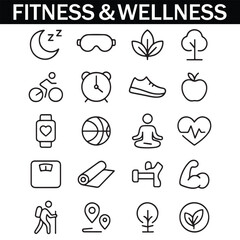 Healthy Lifestyle Vector Icon Set with Adjustable Line Weight Featuring Fitness, Nutrition, Exercise, Wellness, Sleep, Yoga, Meditation, Heart Rate, Gym, Hiking, Cycling, Sports, and Health Monitoring