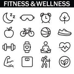 Healthy Lifestyle Vector Icon Set with Adjustable Line Weight Featuring Fitness, Nutrition, Exercise, Wellness, Sleep, Yoga, Meditation, Heart Rate, Gym, Hiking, Cycling, Sports, and Health Monitoring