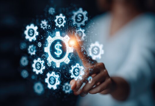 Hand interacting with a digital gear system featuring dollar signs