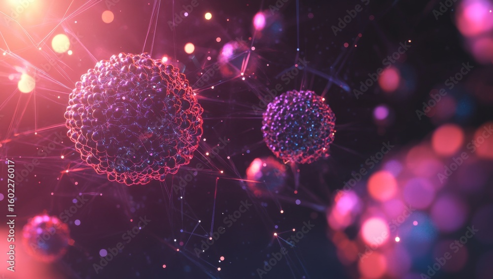 Poster abstract 3d rendering of two purple and pink spheres connected by glowing lines, with bokeh lights i