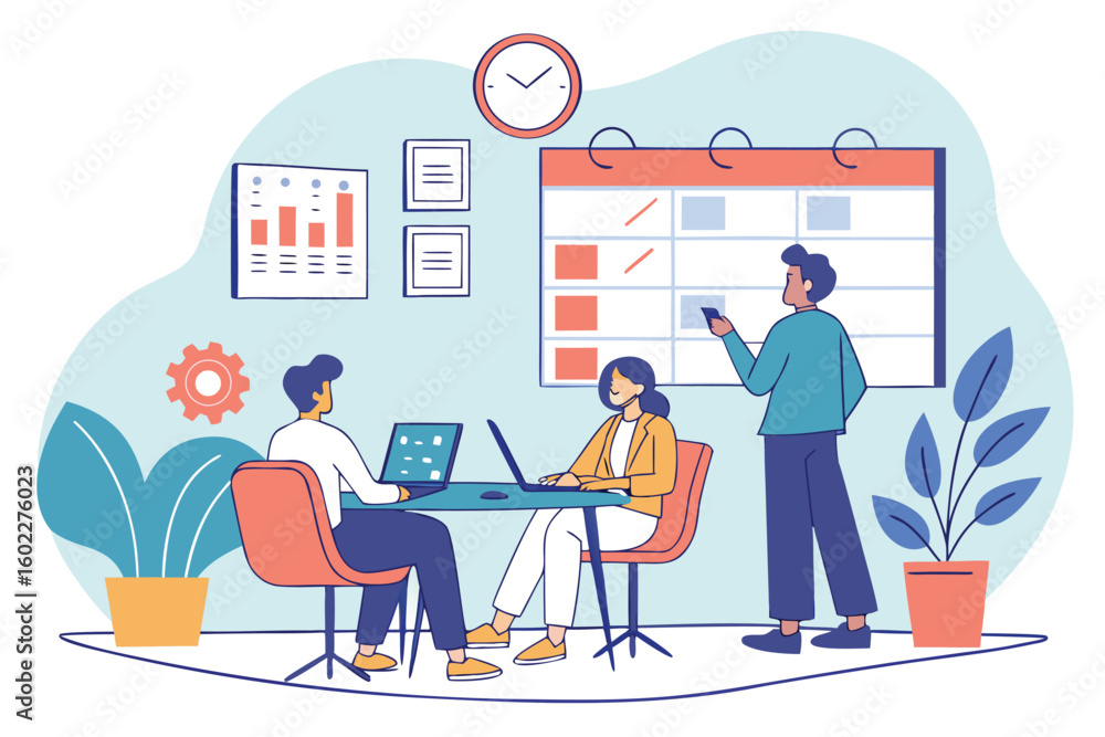 Poster team collaborating in a modern office setting with technology and organized workspace during work ho