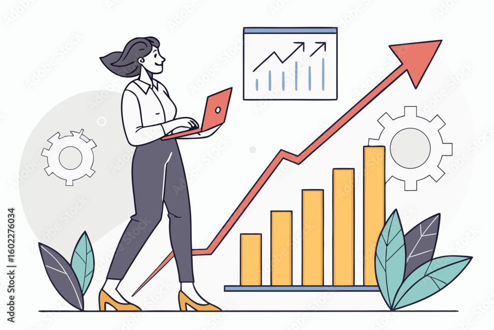 Aufkleber businesswoman using laptop for data analysis and tracking growth trends with graphical representatio