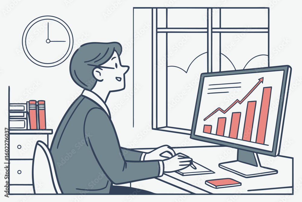 Poster man working at a desk in a well-lit office, analyzing data on a computer screen with rising graphs w