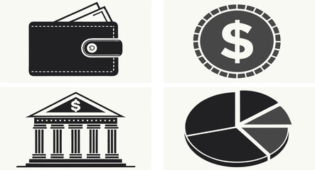 Secure your financial future with this modern business icons set: wallet, coin, bank, chart.