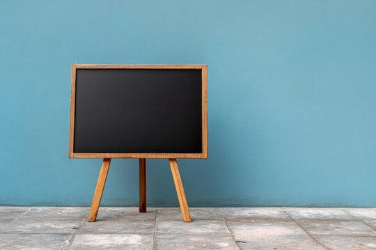 A chalkboard on a wooden easel stands against a blue wall on a tiled floor - Powered by Adobe