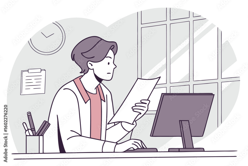 Poster person reviewing documents while working at a desk with a computer in a well-lit office environment
