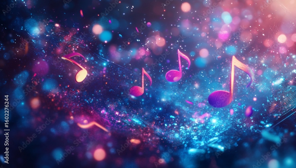 Poster abstract colorful background with musical notes and bokeh lights.