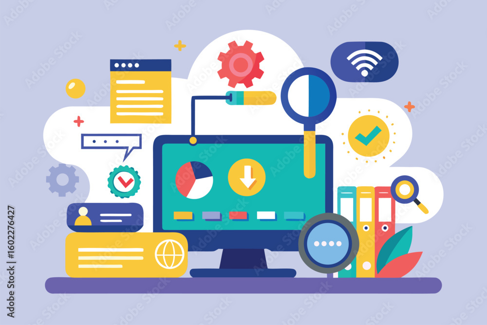 Poster creative workspace featuring a computer with data analysis and organizational tools designed for pro