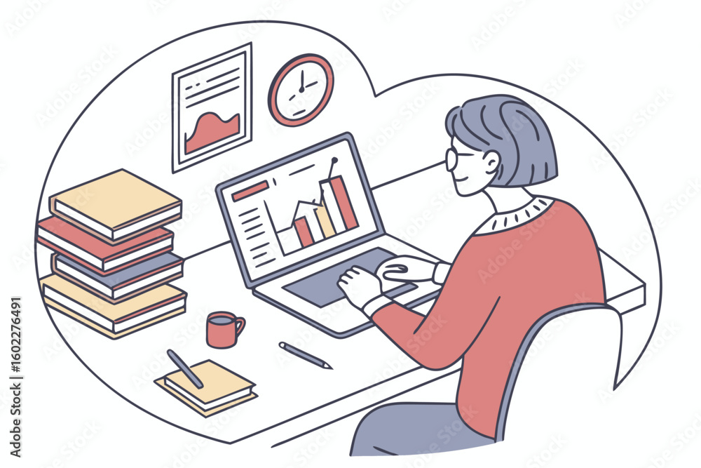 Poster individual working on data analysis and graphs at a desk surrounded by books and study materials in 